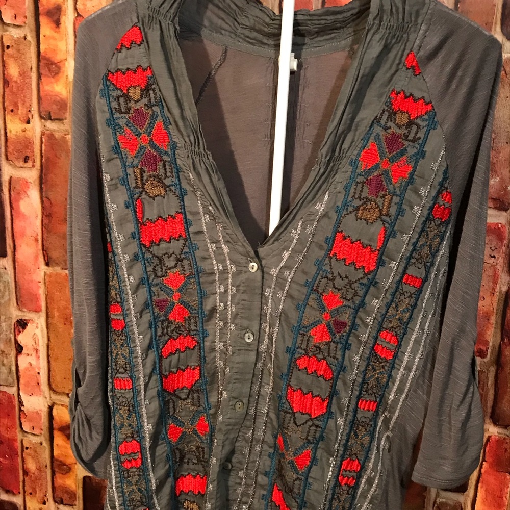 Aztec Embroidered Gray Button Down Top - image 1